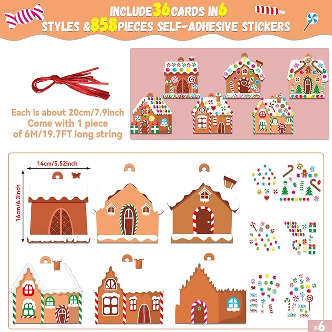 36 Sets Christmas DIY Art Craft Kits Gingerbread House Ornaments Art Sets Winter Christmas Stickers Arts and Crafts Bulk for Kids Winter Holiday Xmas Theme Classroom Activities Party Decorations