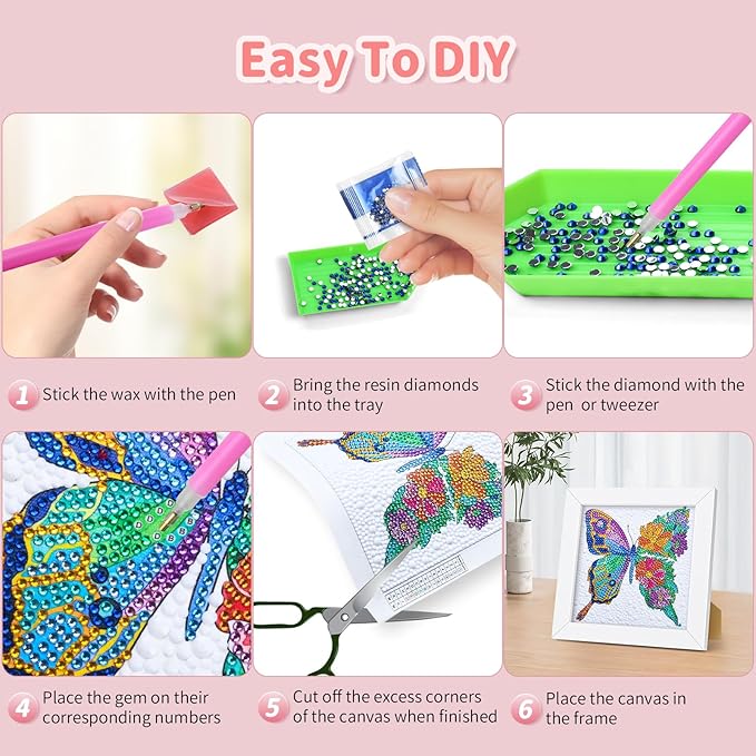 5D Diamond Painting Kits for Kids, Diamond Arts Painting Kits with Wooden Frame, Butterfly Kids' Mosaic Kits for Beginners, Girls, Adults, Diamond Painting Pictures, Arts Craft for Home Decor