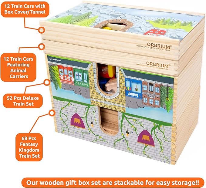 ORBRIUM 68 Pcs Fantasy Kingdom Adventure Wooden Train Set in Wooden Storage Box Unisex Children Toys Girls Boys 3 4 5 6 7 Years Compatible with Thomas, BRIO, Melissa and Doug, Imaginarium, IKEA
