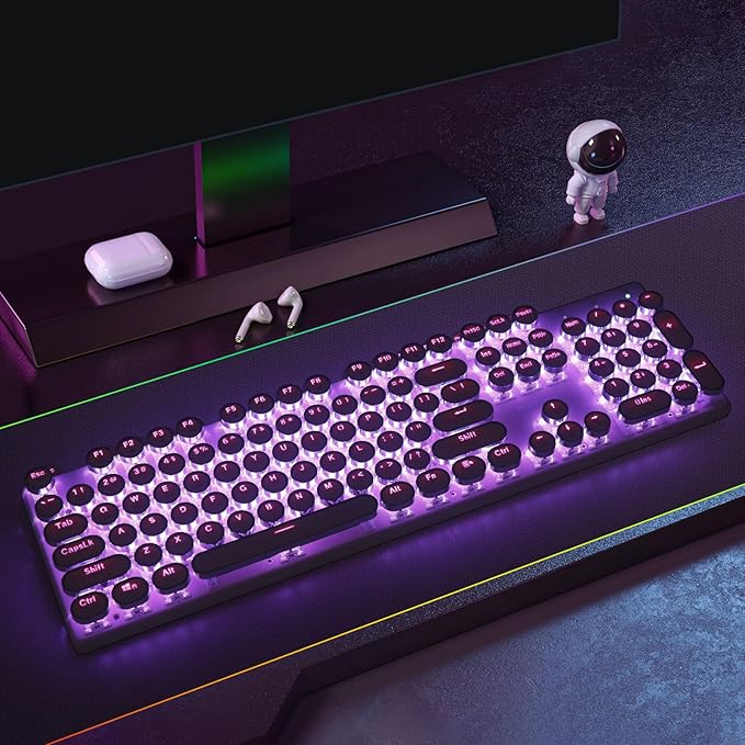Redragon K710 Wireless Typewriter Mechanical Gaming Keyboard, Bluetooth/2.4Ghz/Wired, RGB Led Backlit, Blue Switch - Clicky, Rechargeable, Solid Metal Panel, Round Keycaps, Pink