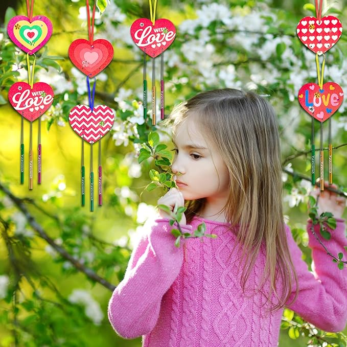 Fennoral 27 Pack Heart Wind Chime Kit for Kids Make You Own Love Wind Chimes DIY Colorful Valentine's Day Wooden Art and Craft for Kids Valentine's Day Party Decoration