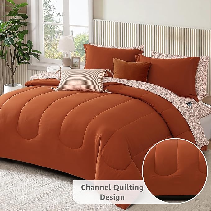 Monbix Queen Comforter Set - 7 Pieces Burnt Orange Bed in a Bag Queen Track Stitching Bedding Sets, All Seasons Comforter Bed Set with Sheets, Pillowcases & Shams