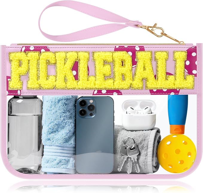 BuyCard Pickleball Gifts Makeup Bag with Chenille Letter Patch, Clear Cosmetic Pouch PVC Organizer Purse, Waterproof Travel Bag, Portable Toiletry Storage Bag for Her Friends