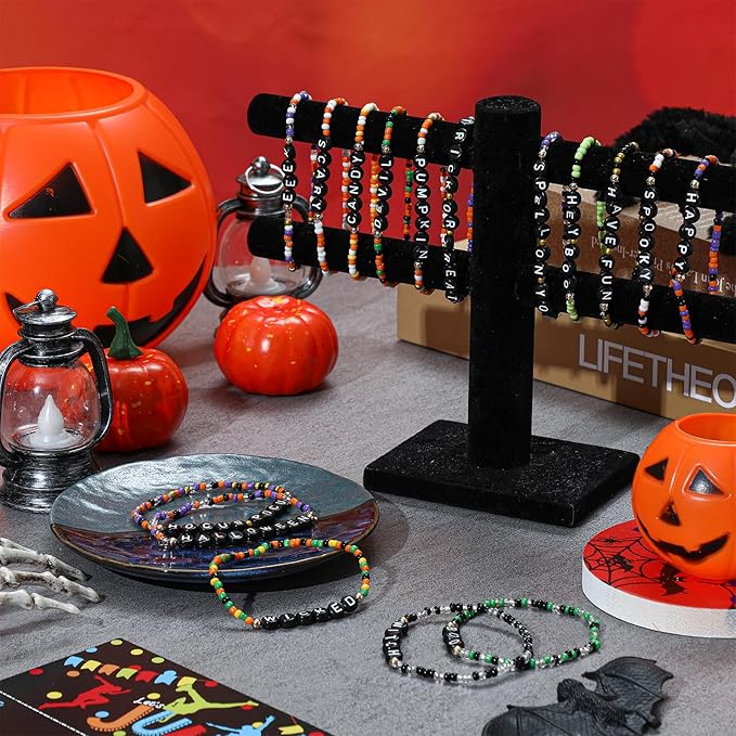 48 Pcs Colorful Kids Friendship Bracelet Set Adjustable Beads Bracelets Cute Friendship Princess Pretend Play Bracelet Stretch Beaded Bracelet Preppy Bracelets Set for Girls Women (Spooky)