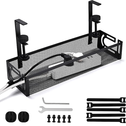 Under Desk Cable Management Tray Small – Clamp-Mounted Wire Organizer & Cord Management Under Desk Rack, No-Drill Metal Cable Organizer for Home Office (Black)