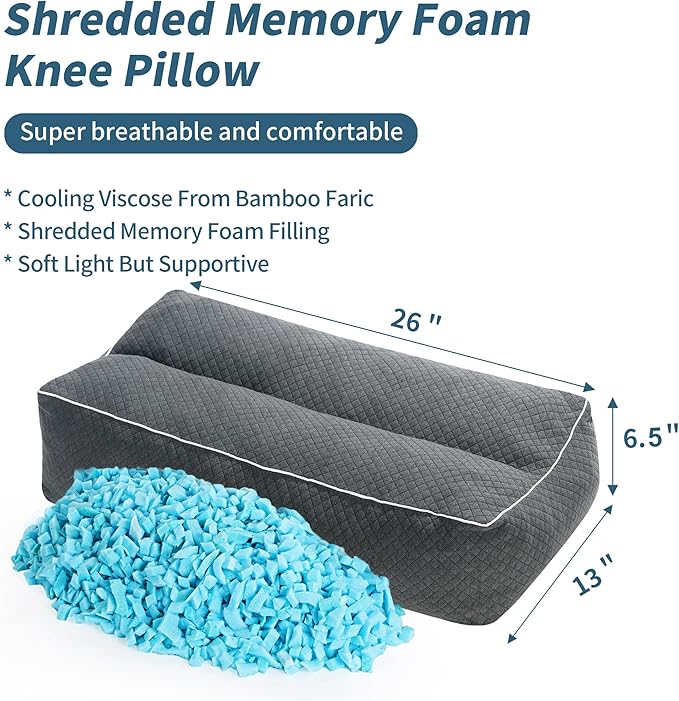 HOMBYS Shredded Memory Foam Knee Pillow for Side Sleepers, 6.5" Height Pillow Between Legs for Aligns Spine & Relieves Pressure Hip & Leg Elevation, Supportive Pillow for Pregnancy, Sciatica, Grey