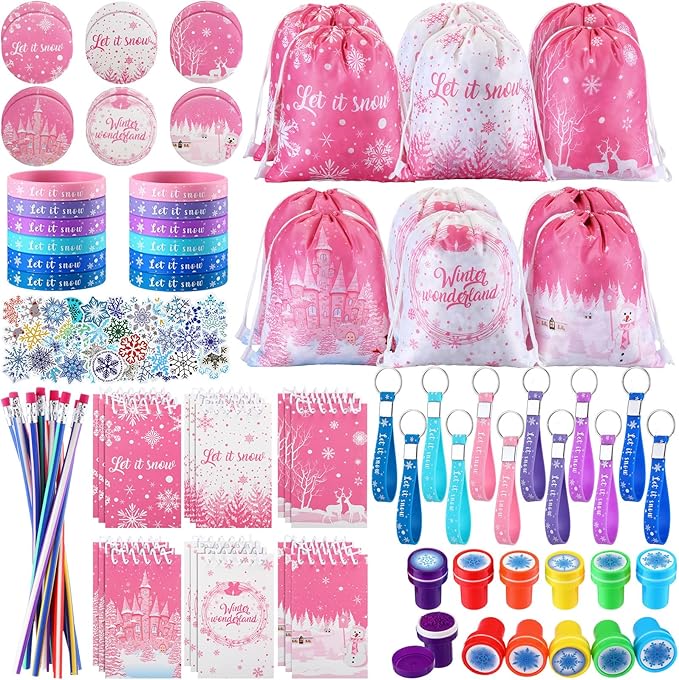Abbylike 140 Pcs Winter Party Favors Christmas Gifts for Kids Snowflake Wonderland Party Favors Supplies Birthday Notebook Bracelet Stamper Sticker Drawstring Bag Pencil Button Pin Keychain
