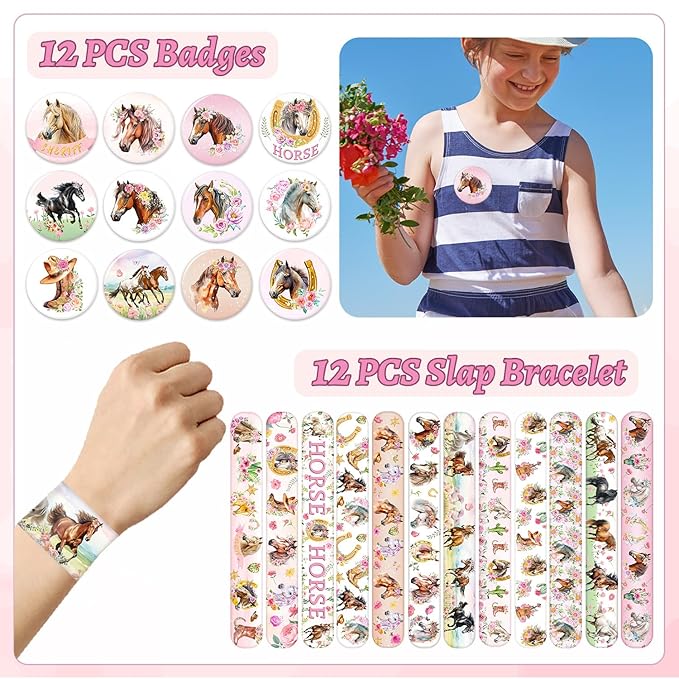 60 PCS Horse Cowgirl Party Favors, Horse Themed Temporary Tattoos, Slap Bracelets, Keychains, Badges, Gift Bags for Cowgirl Birthday Party Decorations and Classroom Rewards