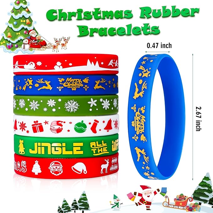 Christmas Rubber Bracelets 30 PCS Bulk Christmas Party Favors Stocking Stuffers for Kids Silicone Wristbands Goodie Bags Stuffers Xmas Toys Gifts Party Supplies Decorations Classroom Prizes