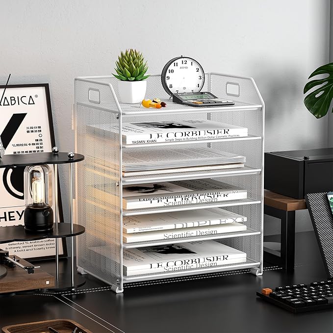 6 Tier Desk Organizer, Heavy-Duty Thick Metal Letter Tray Organizer, Large Capacity Desktop File Organizer for Heavy Files, Easy to Assemble for Home, Office & Classroom,Black,White