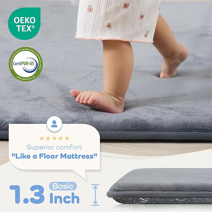 1.3" Thick Baby Floor Play Mat 50x74, Basic Padded Foam Mat for Tummy Time Crawling, Non Slip Cushioned for Babies Toddlers Infants Kids (Dark Grey)