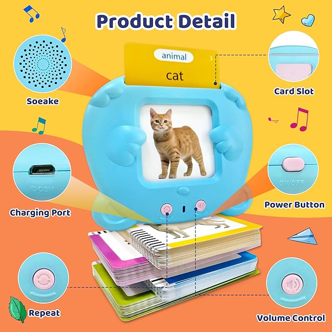 Toddlers Talking Flash Cards, Baby Learning Cards with 224 Sight Words, Educational Toy Gifts for Toddler 3-12 Year Old Boys and Girls, Montessori Toys, Speech Therapy, Autism Sensory Toys, Blue