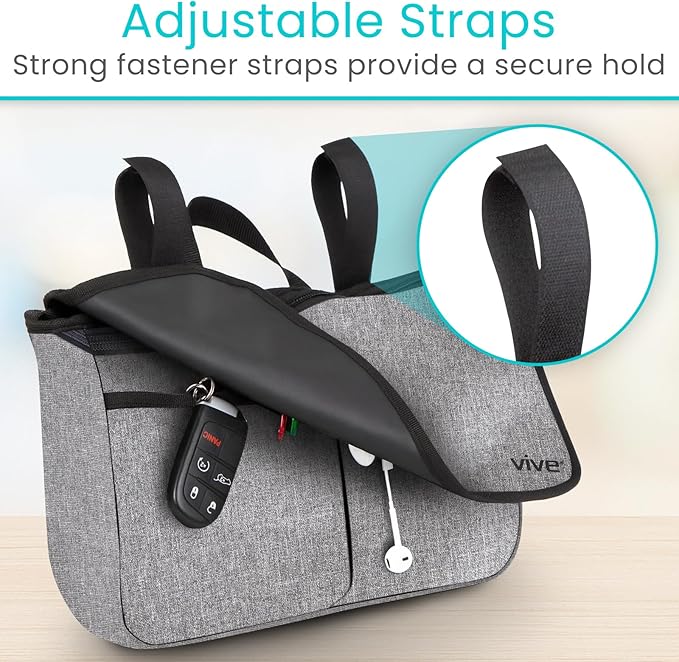 Vive Wheelchair Carry Bag - Arm Rest Pouch for Rollator, Walkers, Power Wheel Chairs and Knee Scooters - Side Storage Organizer for Elderly, Seniors, Adults (Gray)