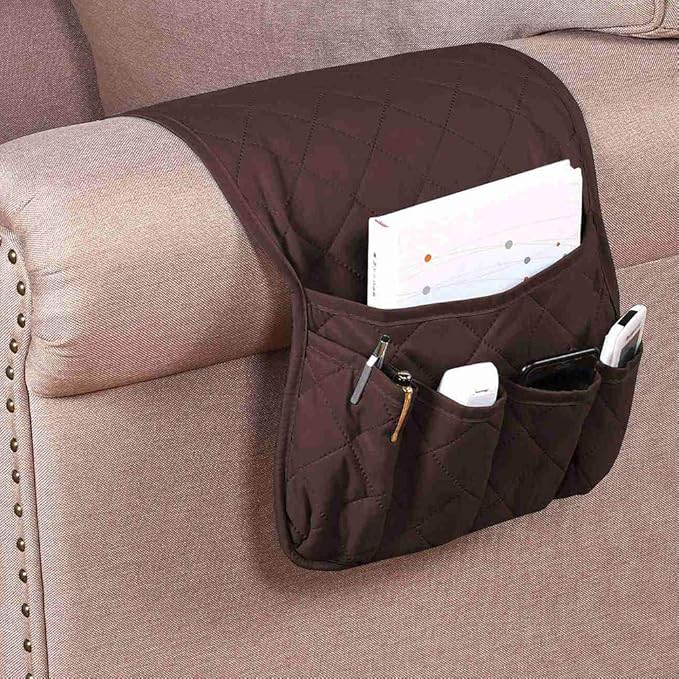 2 Pack Non-Slip Couch Sofa Chair Armrest Organizer 5 Pockets Armchair Caddy Smart Phone, Book, Magazines, Ipad, TV Remote Control Holder (Brown)