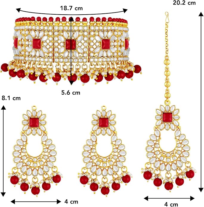 Aheli Bridal Kundan Faux Pearl Choker Necklace with Earrings Maang Tikka Gift for Women Indian Traditional Bollywood Fashion Jewelry Set