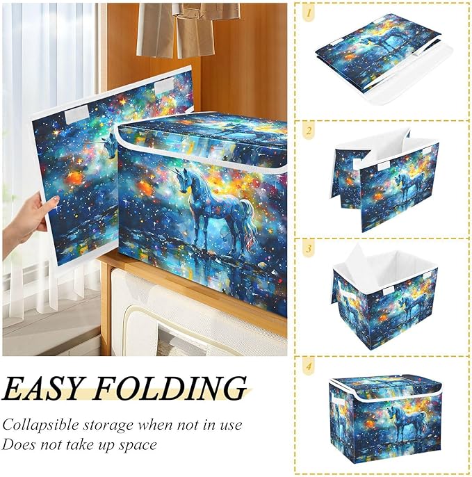 senya Large Storage Bins with Linen Collapsible Foldable Storage Cubes Fabric Closet Organizer Containers box with Flip-Top Lid for Home Bedroom Office 16.7 x 12.6 x 11.8in (Unicorn Stars Pattern)