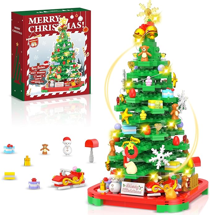 Christmas Tree Building Blocks Kit with Lights, Compatible with Lego Christmas Tree Toy Building Sets, Creative Christmas Decor Building Toys for 6+ Year Old Boys/Girls