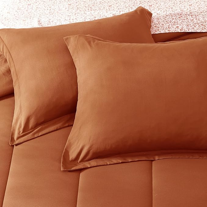 Monbix Queen Comforter Set - 7 Pieces Burnt Orange Bed in a Bag Queen Track Stitching Bedding Sets, All Seasons Comforter Bed Set with Sheets, Pillowcases & Shams