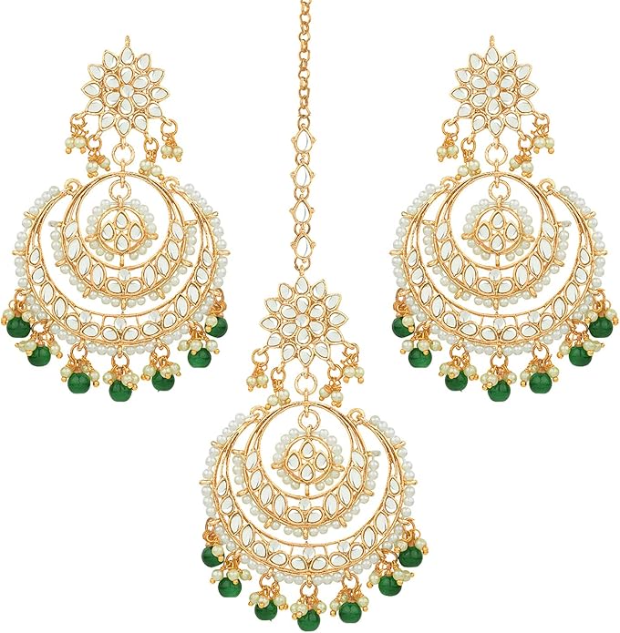 Aheli Bollywood Ethnic Chandbali Style Big Earrings Maang Tikka Set Traditional Fashion Jewelry Gift for Women