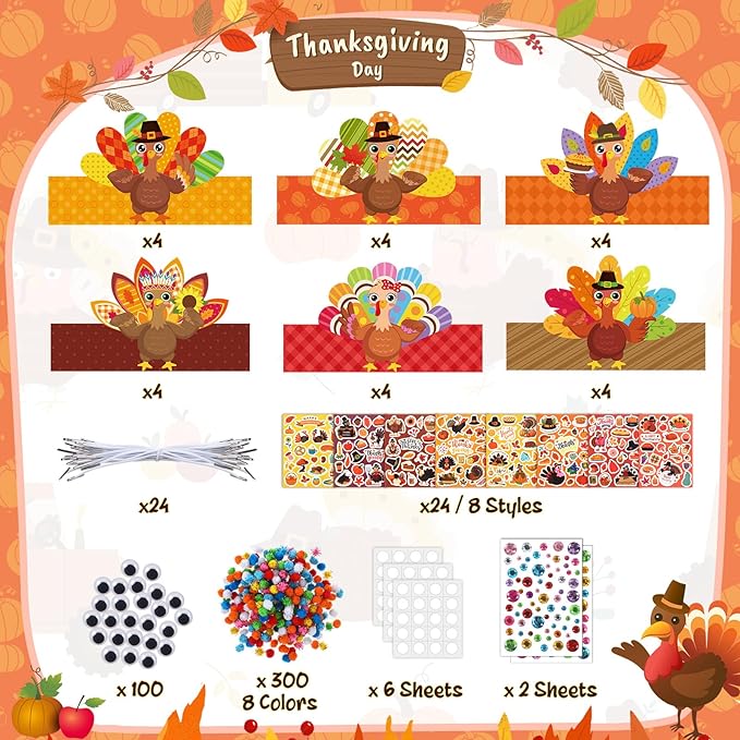 24 Set Thanksgiving Turkey Arts Crafts Kits DIY Thanksgiving Craft Headband Turkey Paper Hat with Pumpkin Fall Leaf Turkey Stickers Gems Eyes Sheets for Thankful Activities Crafts Supplies