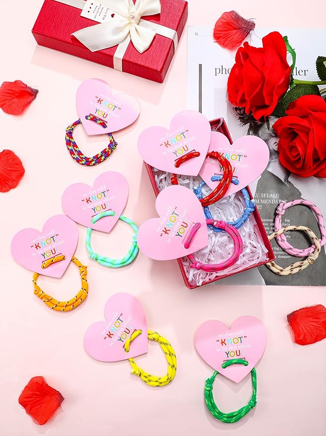 Junkin 60 Sets Valentine Knot Bracelets with Cards Our Class Will Knot Be the Same Without You Classroom Valentines Exchange Gifts Friendship Bracelets Cards for Kids Party Favors (Heart Card)