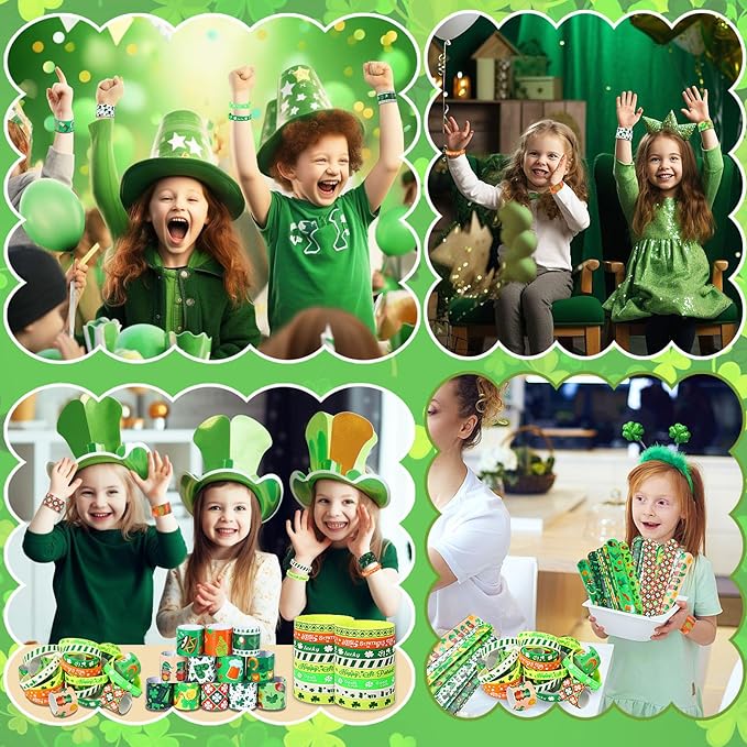 JUNEBRUSHS 50Pcs St Patricks Day Party Favors Slap Bracelets Rubber Bracelets, Assorted Silicone Wristbands Snap Bracelets for Kids St Patricks Day Classroom Gifts St Patricks Day Goodie Bag Stuffers