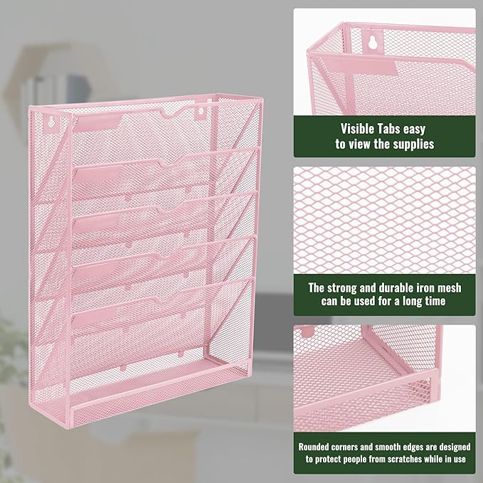 EASEPRES 6 Tier Mesh Hanging Wall File Organizer, Desk Vertical Mail Paper Document Folder Holder Rack with Bottom Tray and Nametag Label for Office Home School, Pink