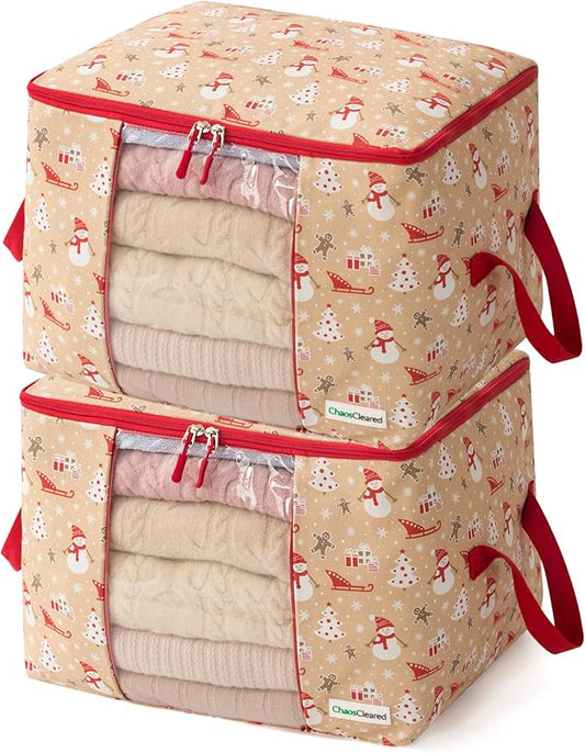 Canvas Storage Bags Designer Organizer 2 Pack – Seasonal Storage for Sweaters, Blankets, Linens & Garments – Foldable Design with Zip & Window, Moth-Proof Space Saver, Snowman Print