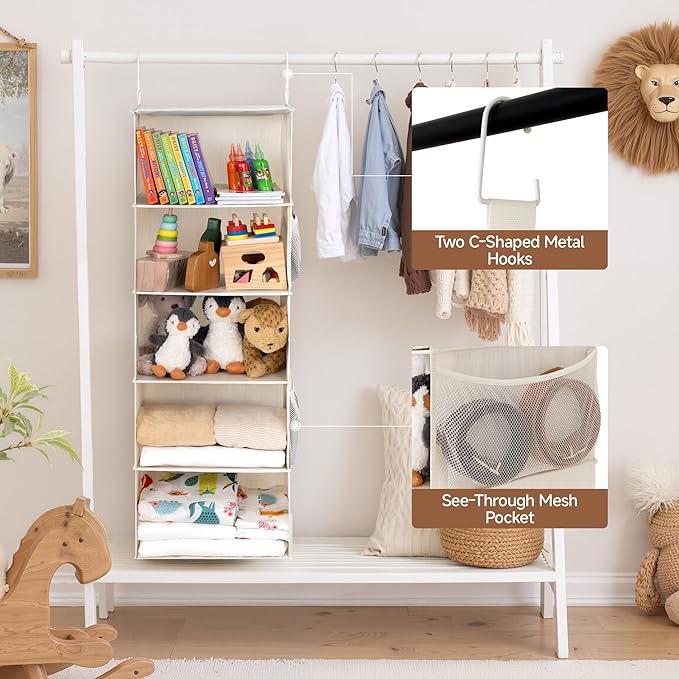 StorageWorks 5-Shelf Hanging Closet Organizers, Foldable Closet Storage Organizer with 2 Side Pockets, Portable Hanging Shelves for Clothes, Sweater, 12 1⁄2" D x 15" W x 48" H, White & Ivory