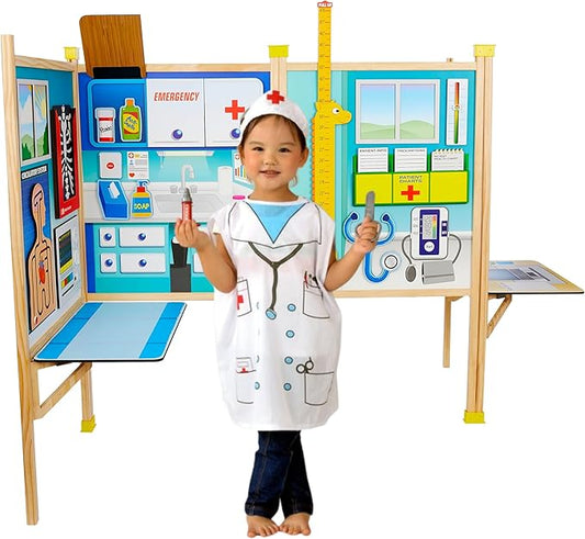 Large Kids Pretend Play Set for Toddlers Ages 3+ Years –Wooden Toy Playset Folds Away for Easy Storage with 20 Fun & Interactive Pieces (Doctor's Office)