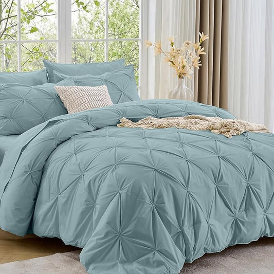 Sasttie Full Size Comforter Set, 7-Piece Bed in a Bag, Pintuck Bedding Sets for All Season, Includes Comforter, Flat Sheet, Fitted Sheet, Pillowcases and Pillowshams, Greylish Blue