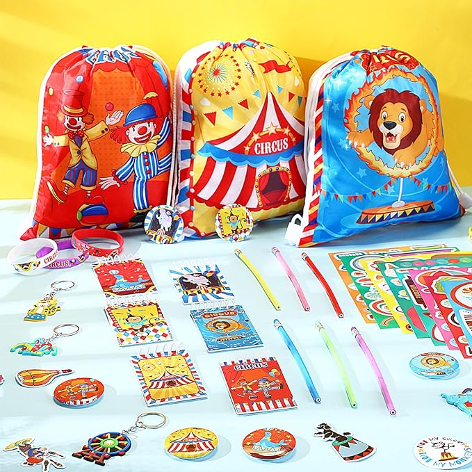 Cholemy 91 Pcs Circus Carnival Party Favors Include Circus Clown Animal Keychains Rubber Bracelets Stickers Button Pins Mini Notebooks Drawstring Bags Backpack Flexible Soft Pencil for Party