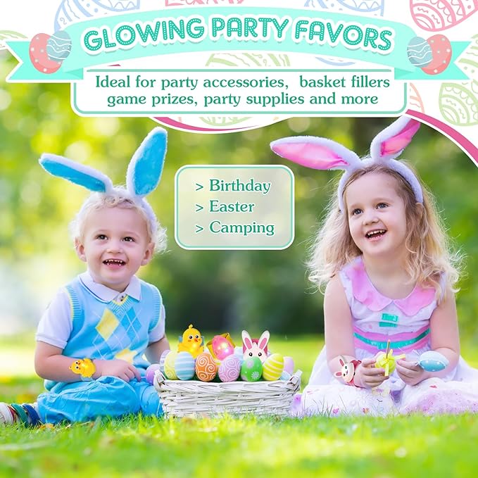 6 Pcs Kids Light Up Slap Bracelets Gifts LED Party Favors Glow Snap Bracelet Glitter Wrist Bands for Bunny Eggs Chicks Silicone Bands Easter Basket Fillers