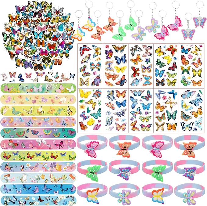 96 Pcs Butterfly Party Favors for Girls Fairy Birthday Party Supplies with Butterfly Silicone Bracelets, Slap Wristbands, Keychains, Tattoos Stickers and Stickers for Kids Decoration Gifts
