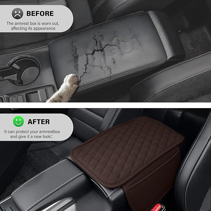 Amiss Car Center Console Cover, Upgraded Leather Car Armrest Cushion with 2 Storage Pockets, Universal Waterproof Cushion Pad, Non-Slip Car Interior Accessories, Fits Most Sedans SUVs Trucks (Brown)