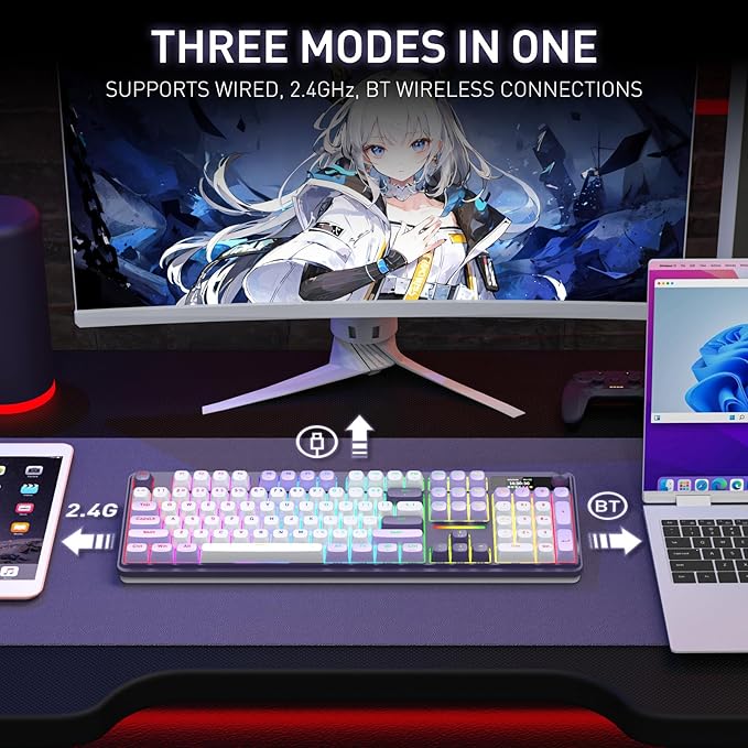 Redragon K762 Wireless Gasket Gaming Keyboard w/Hype Screen & Knob, 104 Keys Mechanical Keyboard, Easy-Control 1.14’’ TFT Info Display, 5-Layer Noise Dampening, Round PBT Keycaps, Mint Mambo Switch