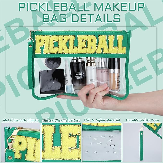 BuyCard 2 Pcs Pickleball Gifts Cosmetic Makeup Bag with Chenille Letter Patch, Clear Pouch PVC Organizer Purse, Waterproof Travel Bag, Portable Toiletry Storage Bag for Her Girls Friends Women
