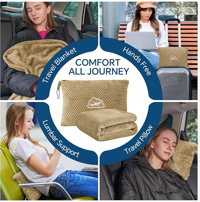 BEDELITE Travel Blanket with Bag, Ultra-Soft Jacquard Fleece Blanket with Luggage Sleeve & Backpack Clip, Airplane Blanket Travel Essentials, Camel