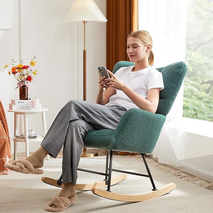 Sweetcrispy Rocking Chair Nursery, Teddy Upholstered Glider Rocker with High Backrest, Reading Chair Modern Rocking Accent Chairs Glider Recliner for Living Room, Nursery, Bedroom