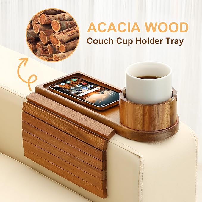 Couch Cup Holder, Acacia Wood Couch Arm Tray with 360° Rotating Cup Holder,Foldable Anti-Slip Sofa Arm Chair Tray for Eating Snack Drink Side Table