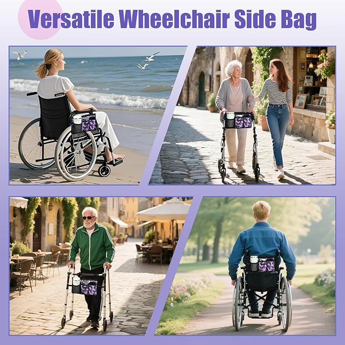 Wheelchair Side Bag, Wheelchair Armrest Pouch Accessories with Cup Holder, Storage Bag for Walker, Rollator, Electric Scooter Wheelchairs, Ideal Gift for Mother's Day & Father's Day (Purple)