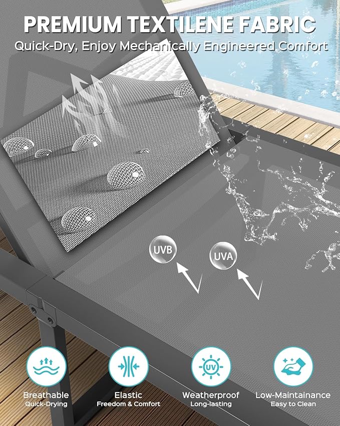 Aluminum Chaise Lounge Outdoor Set of 2, Foldable & No Assembly Patio Pool Lounge Chairs 5-Position Recliner for Outside Poolside, Fully Grounded Legs Sun Lounger for Beach, Dark Grey