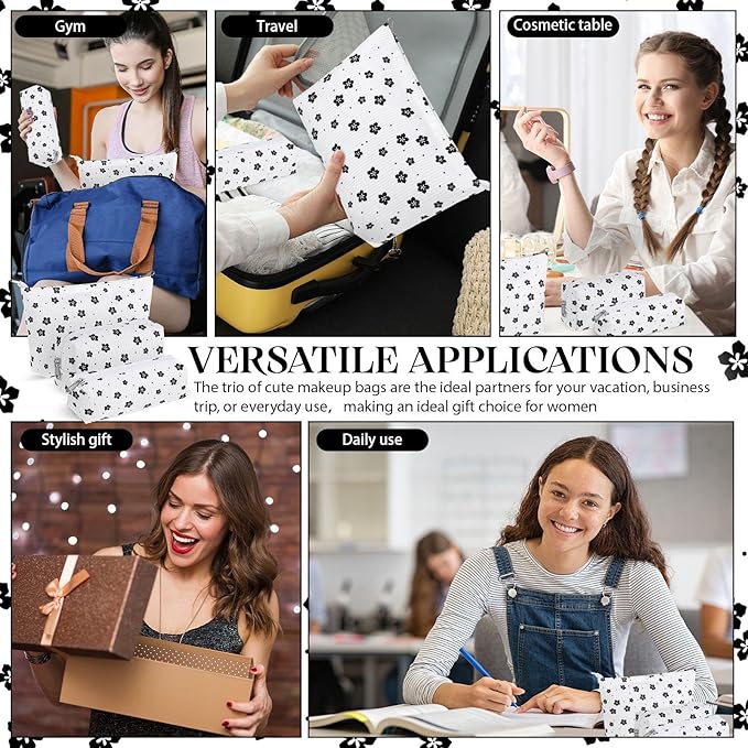 Huhumy 3 Pcs Makeup Bag Set for Women Corduroy Cosmetic Pouch Aesthetic Smile Travel Toiletry Bag Cute Purse Pouch Pencil Case Makeup Brushes Storage Organizer for Valentine(White,Floret)