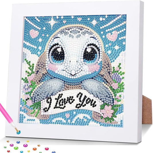 hkejoi Turtle Diamond Art Painting Kits for Kids with Frame, Cartoon Diamond Art for Kids Ages 4-6-8-12, Easy Kids Gem Art Kit with Cartoon Box for Home Wall Decor 7x7inch