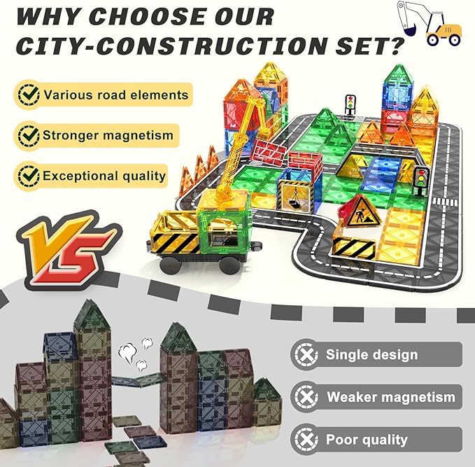 Kids Games Magnetic Tiles Road Set with Extendable Magnetic Crane, City Construction Building Toys for Toddlers STEM Preschool Toys Ages 4-6 5-7, Gifts for 3+ Year Old Boys Girls Kids Toys with Car