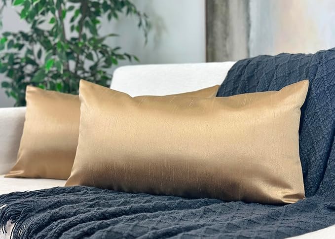 Aiking Home Collection 12x24 Inches Faux Silk Rectangular Throw Pillow Cover, Zipper Closure, Brass (Set of 2)