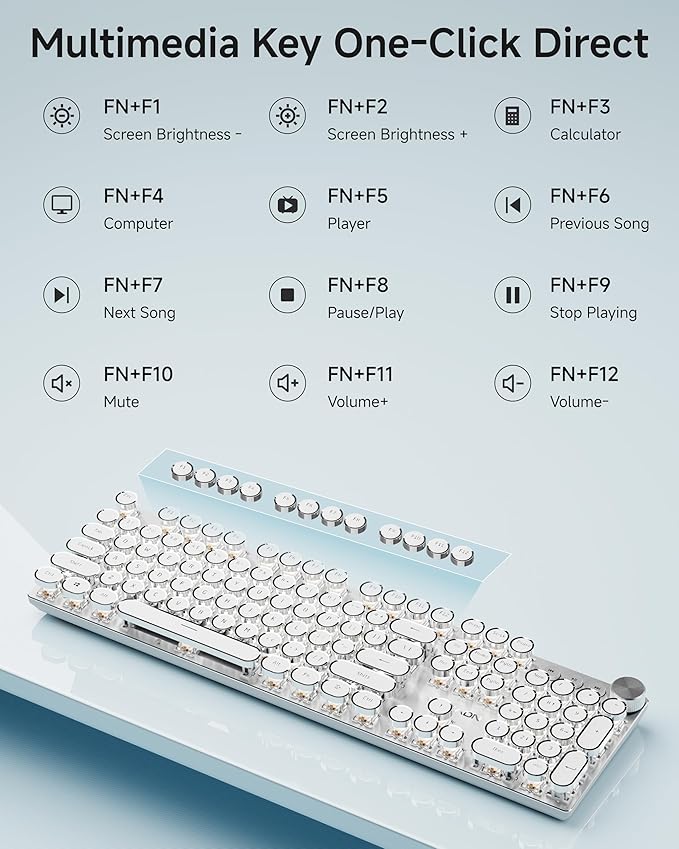 EWEADN Typewriter Style Mechanical Keyboard, Wired Typewriter Keyboards,104 Keys Backlit LED Metal Keyboards, Media Control Knob, Wired Computer Keyboard White Switch for Windows/Mac/PC-White
