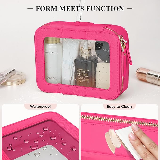 MSTONAL Clear Makeup Bag, Travel Toiletry Bag Cosmetic Case for Women, Waterproof Portable Make Up Skincare Pouch with Zipper, Compact Car Organizer Bag for Essentials, Mini & Medium, Hot Pink