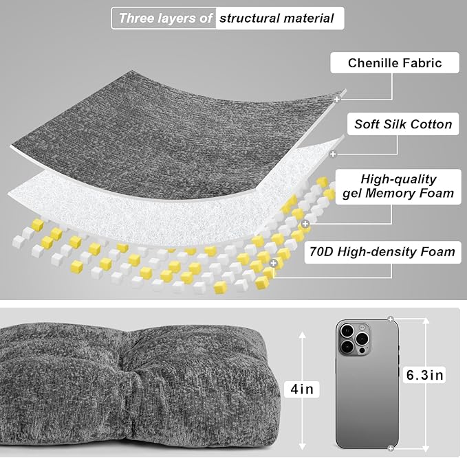 Bench Cushion 36 Inch - Luxury Chenille, High-Density Memory Foam, Non-Slip Bottom, Soft Durable Indoor Tufted Long Seat Cushion for Window Garden Furniture (Gray, 36x14x4 Inch)