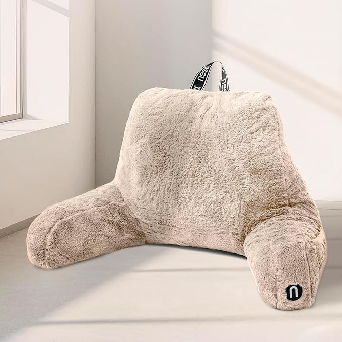Nestl Fur Reading Pillow, Stylish Back Pillow for Bed Sitting Up, Faux Fur Bed Chair Pillow with Arms, Reading Pillows for Sitting in Bed Adult & Kids, Sit Up Back Support Pillow for Bed Rest - Linen